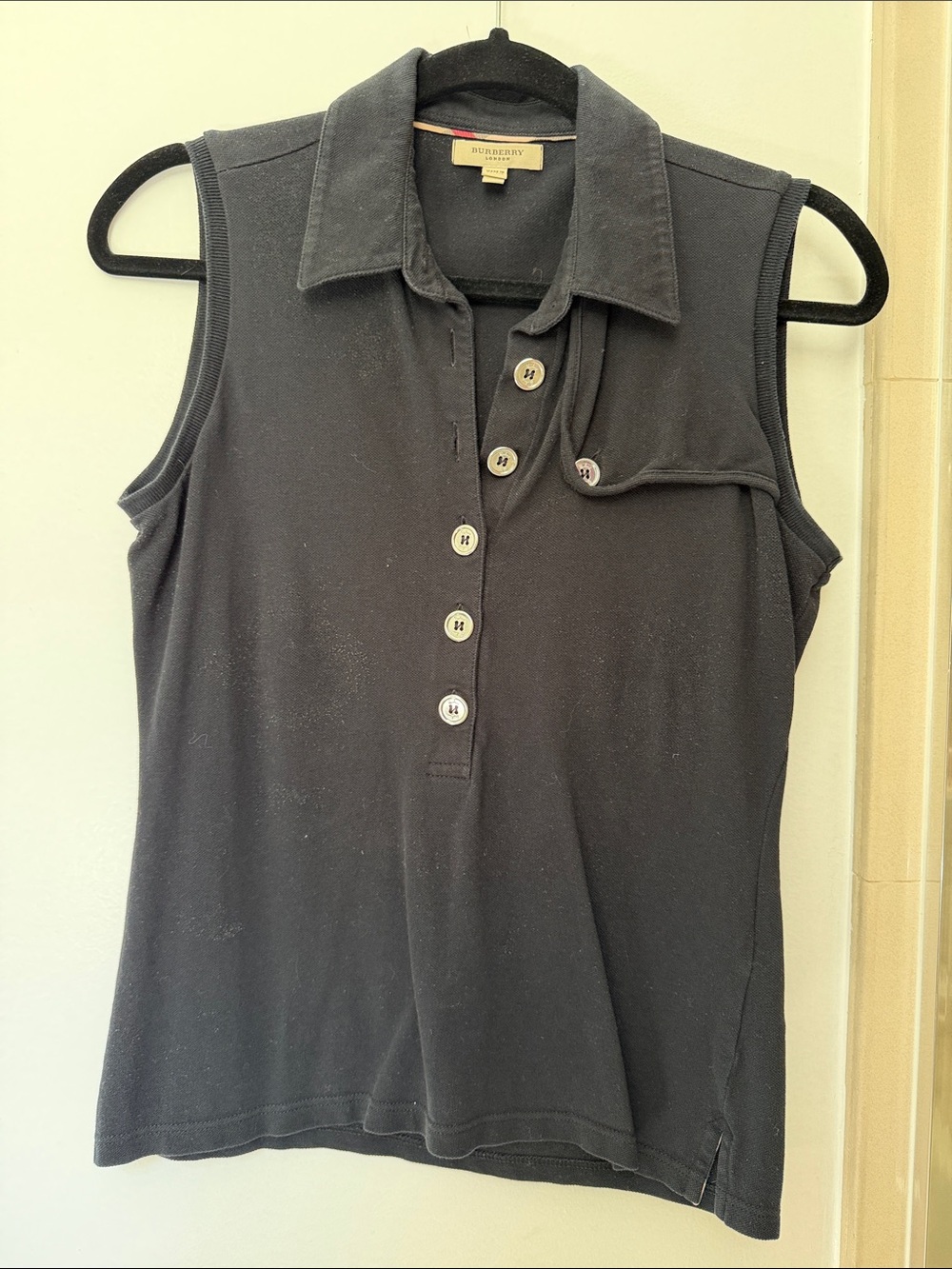 Burberry Black Sleeveless Polo Tank with Button Placket